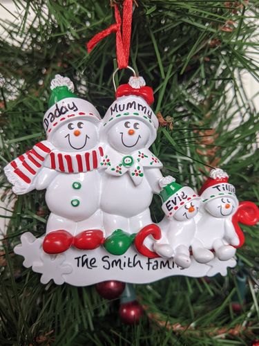 Snowman Sled Family of 4 Personalised Christmas Decoration