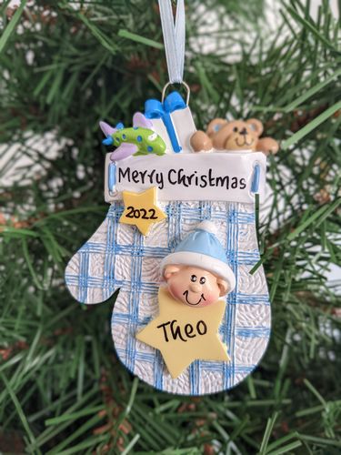 Baby Boy Blue Mitten Personalised Christmas Decoration