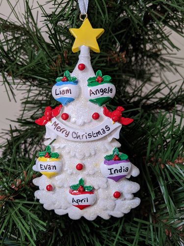 White Glitter Tree Family of 5 Personalised Christmas Decoration