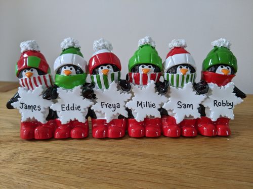 Penguin Snowflakes Family of 6 Tabletop Personalised Christmas Decoration