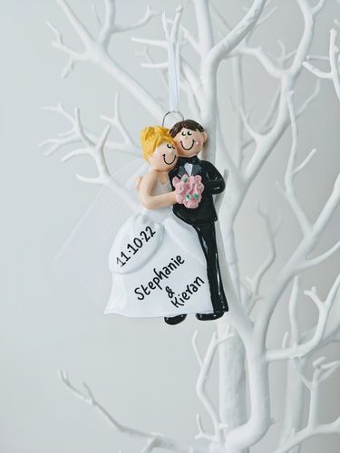 Cosy Couple Blonde Hair Bride & Groom Personalised Wedding Christmas Decoration