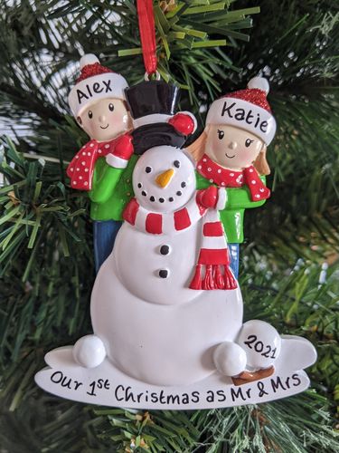 Building a Snowman Couple Personalised Christmas Decoration