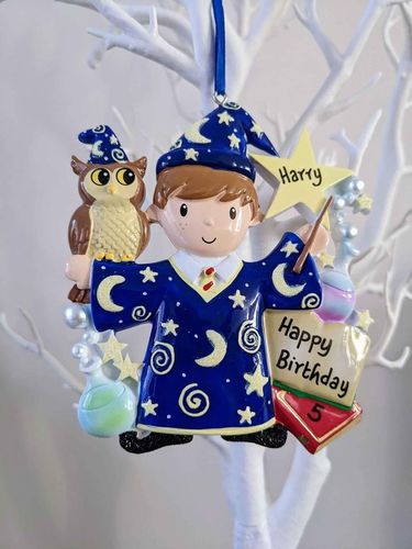Wizard Boy with Owl Personalised Christmas Decoration