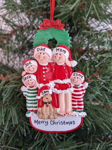Christmas Eve Pyjama Family of 5 with Brown Dog Personalised Christmas Decoration
