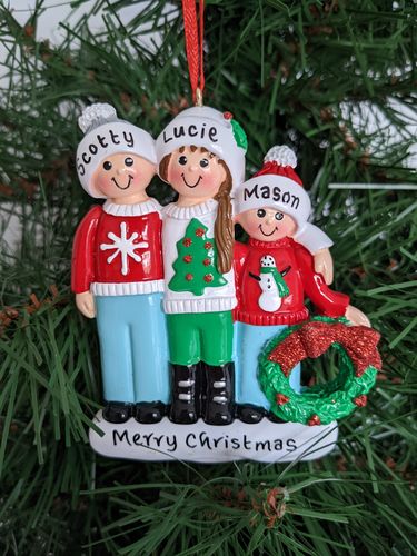 Christmas Jumper Family of 3 Personalised Christmas Decoration