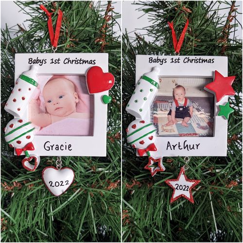 Baby's 1st Christmas Hearts or Stars Photo Frame Personalised Christmas Decoration