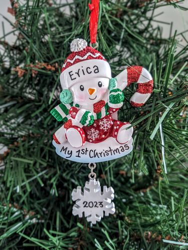 Snowbaby with Red Candy Cane Personalised Christmas Decoration