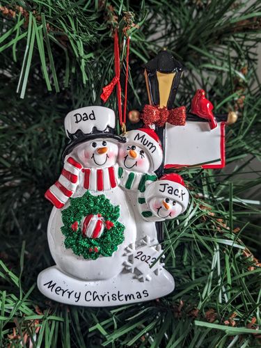 Snowman Lamp Post Family of 3 Personalised Christmas Decoration