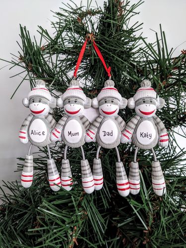 Sock Monkey Family of 4 Personalised Christmas Decoration