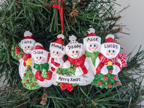 Snowmen with Banner Family of 6 Personalised Christmas Decoration