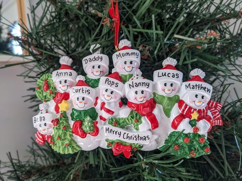 Snowmen with Banner Family of 9 Personalised Christmas Decoration