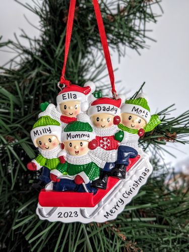 Family of 5 Sledding Personalised Christmas Decoration